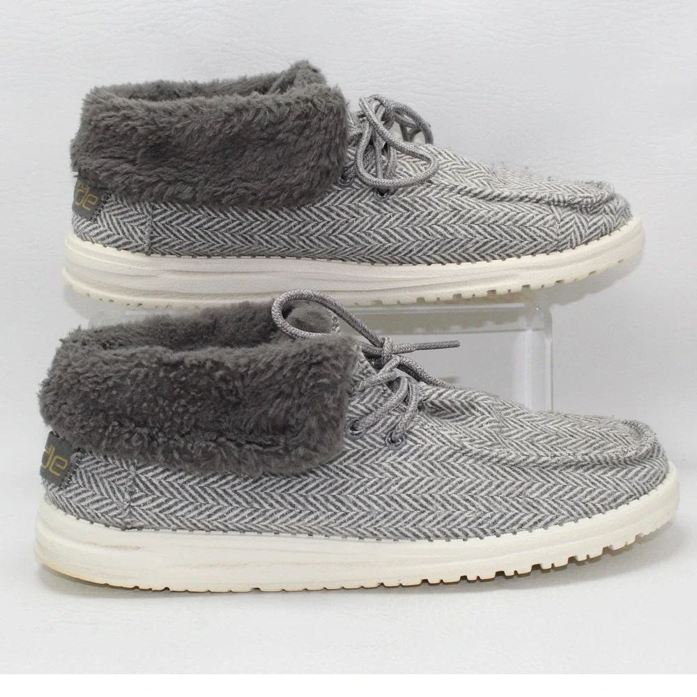Hey Dude Britt Herringbone‎ Grey Faux Fur Lined Ankle Boots Womens 9 121773133